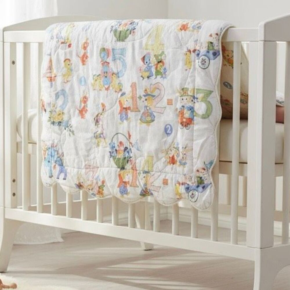 Vintage Baby Quilt Counting Animals Print Scalloped Edge Blue Reverse Blanket